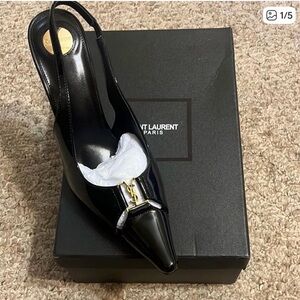 Saint Laurent Black Slingback Heels with Gold Accent